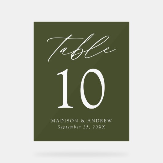 Elegant Script Olijfgroen Bruiloft Tafelnummer Acryl Bord (Voorkant)