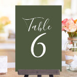 Elegant Script Olijfgroene tafelnummers<br><div class="desc">Deze elegante olijfgroene tafelnummers kunnen worden gepersonaliseerd in chique witte belettering. Ontworpen door Thisnotme©</div>