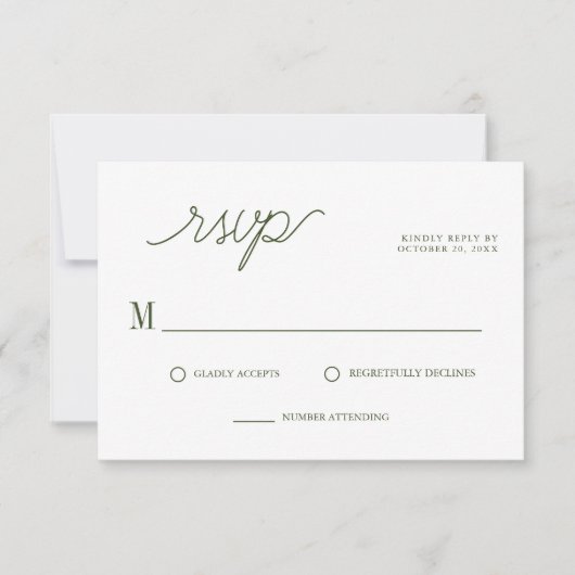 Elegant script Olive Green Minimal Wedding RSVP Kaartje (Voorkant)