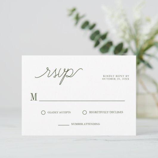 Elegant script Olive Green Minimal Wedding RSVP Kaartje (Staand voorkant)