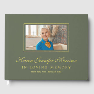 Elegant Script Olive Green Photo In Loving Memory Gastenboek