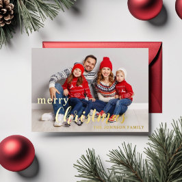 Elegant script One Photo Merry Christmas Gold Folie Feestdagenkaart