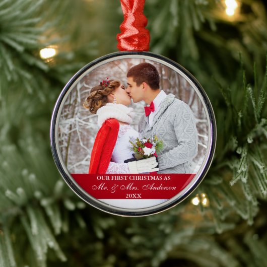 Elegant script Ons eerste kerstrood Metalen Ornament (Boom)