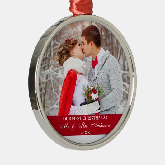 Elegant script Ons eerste kerstrood Metalen Ornament (Rechts)