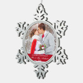 Elegant script Ons eerste kerstrood Tin Sneeuwvlok Ornament (Rechts)