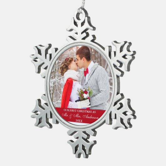 Elegant script Ons eerste kerstrood Tin Sneeuwvlok Ornament (Rechts)