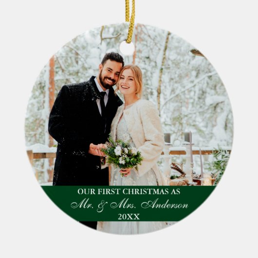 Elegant script onze eerste kerst groen keramisch ornament (Voorkant)