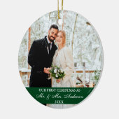 Elegant script onze eerste kerst groen keramisch ornament (Links)