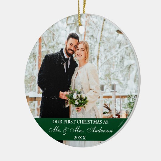 Elegant script onze eerste kerst groen keramisch ornament (Links)