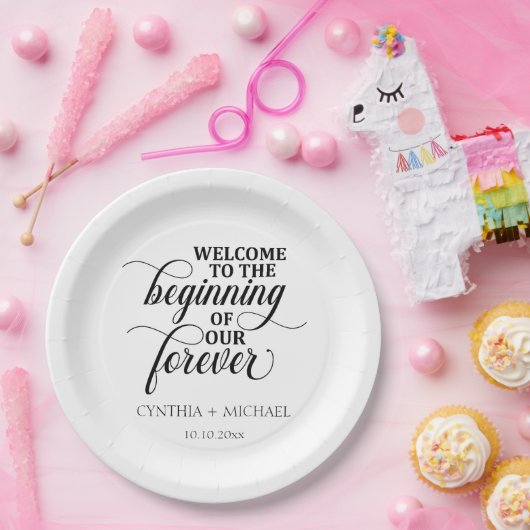 Elegant script 'onze eeuwige' bruiloft papieren bordje (Feest)