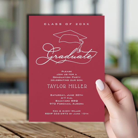 Elegant Script op Crimson Afstuderen Kaart