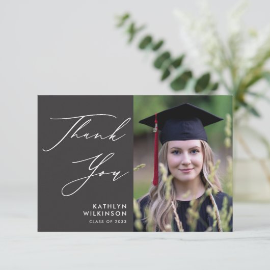 Elegant script op grijs minimalistisch foto-Afstud Bedankkaart (Staand voorkant)