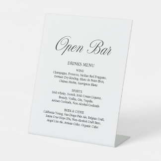 Elegant Script Open Bar Formeel Witte Bruiloft Reclamebord Met Voetstuk