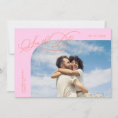 Elegant Script Orange Pink Curved Frame Photo Save The Date (Voorkant)