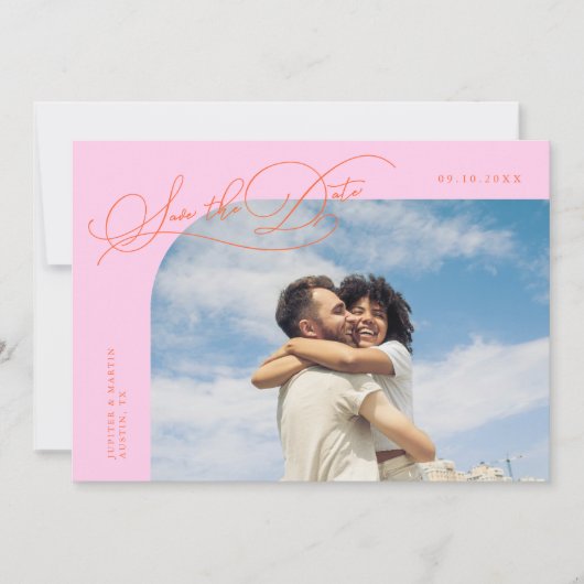 Elegant Script Orange Pink Curved Frame Photo Save The Date (Voorkant)