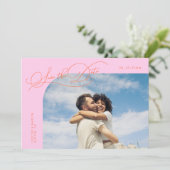 Elegant Script Orange Pink Curved Frame Photo Save The Date (Staand voorkant)