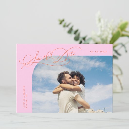 Elegant Script Orange Pink Curved Frame Photo Save The Date (Staand voorkant)