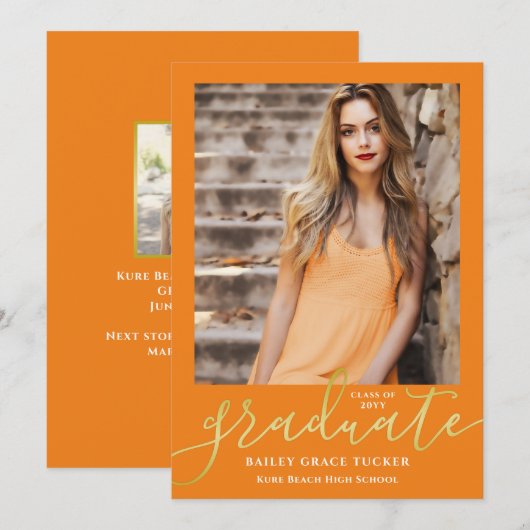 Elegant Script Oranje Gold 2-foto Afstuderen Aankondiging (Voorkant / Achterkant)