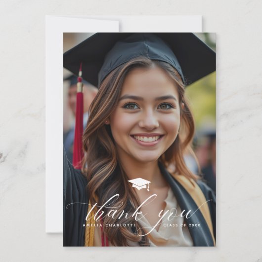 Elegant Script Overlay Afstudeerder Party Foto Bed Bedankkaart (Voorkant)