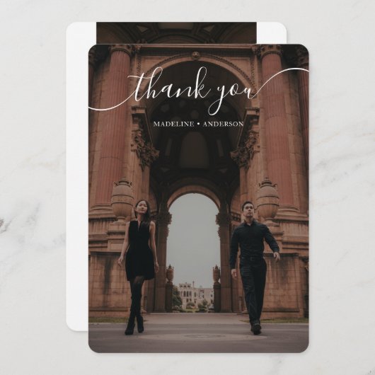 Elegant Script Overlay Classic Two Photo Wedding Bedankkaart (Voorkant / Achterkant)