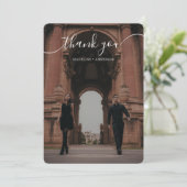 Elegant Script Overlay Classic Two Photo Wedding Bedankkaart (Staand voorkant)