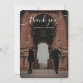Elegant Script Overlay Classic Two Photo Wedding Bedankkaart (Voorkant)