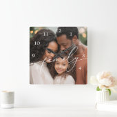 Elegant Script Overlay Family Photo Vierkante Klok (Huis)