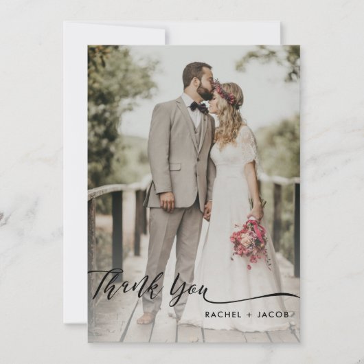 Elegant Script Overlay Modern Two Photo Wedding Bedankkaart (Voorkant)