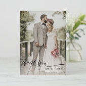 Elegant Script Overlay Modern Two Photo Wedding Bedankkaart (Staand voorkant)