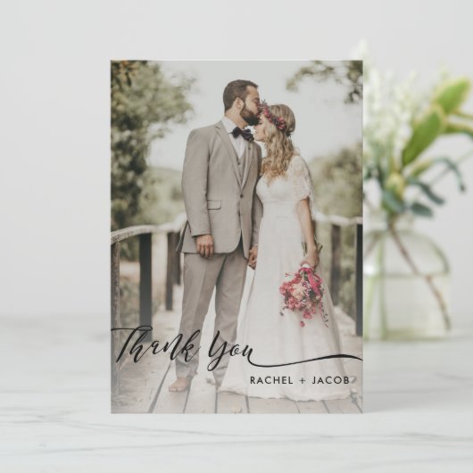 Elegant Script Overlay Modern Two Photo Wedding Bedankkaart (Staand voorkant)
