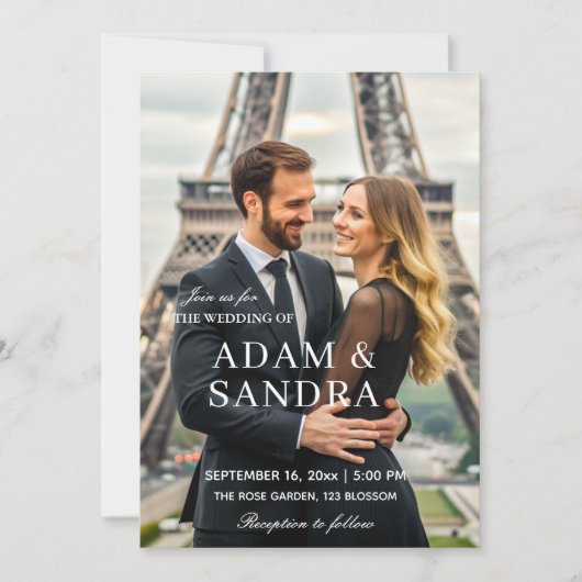 Elegant script Overlay Modern zwart wit Trouwen Kaart (Voorkant)