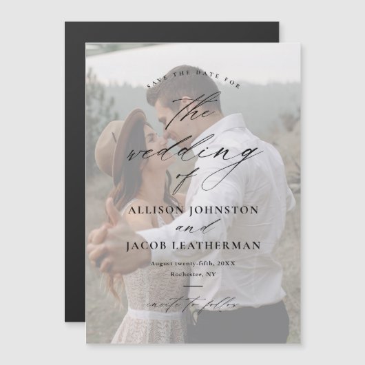 Elegant Script Overlay Photo Wedding Save the Date Magnetische Uitnodiging (Voorkant / Achterkant)