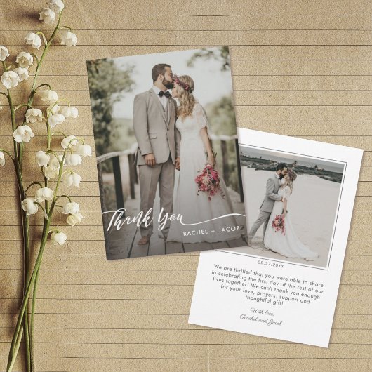 Elegant Script Overlay Simple Two Photo Wedding Bedankkaart