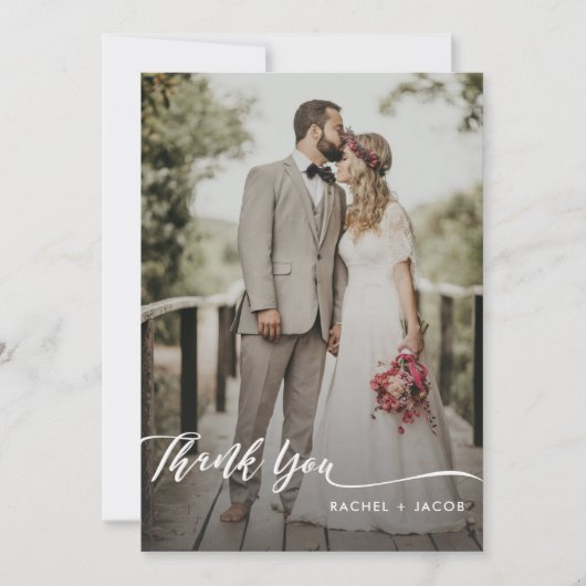 Elegant Script Overlay Simple Two Photo Wedding Bedankkaart (Voorkant)