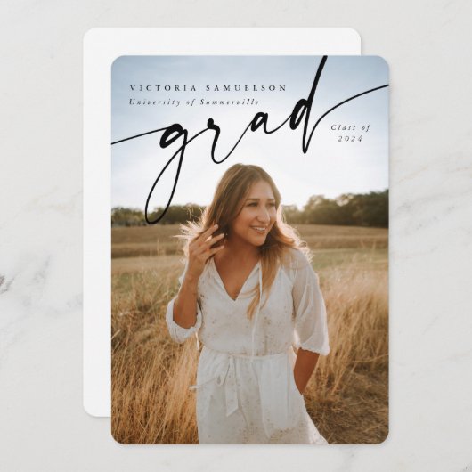 Elegant Script Overlay Two Photo Afstuderen Aankondiging (Voorkant / Achterkant)