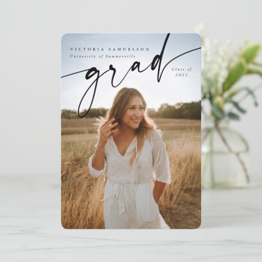 Elegant Script Overlay Two Photo Afstuderen Aankondiging (Staand voorkant)