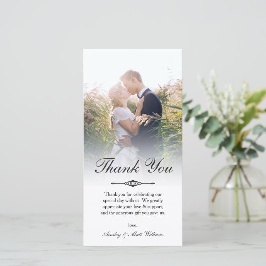 Elegant Script Overlay Weddenfoto Hartelijk dank Bedankkaart (Staand voorkant)