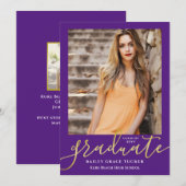 Elegant Script Paars Gold 2-foto Afstuderen Aankondiging (Voorkant / Achterkant)