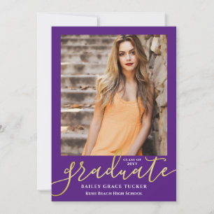 Elegant Script Paars Gold 2-foto Afstuderen Aankondiging