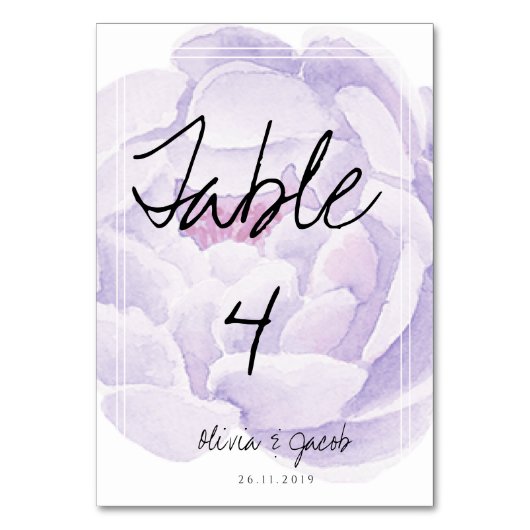 Elegant Script Paarse Bloem Bruiloft Tafelkaart Kaart (Voorkant)