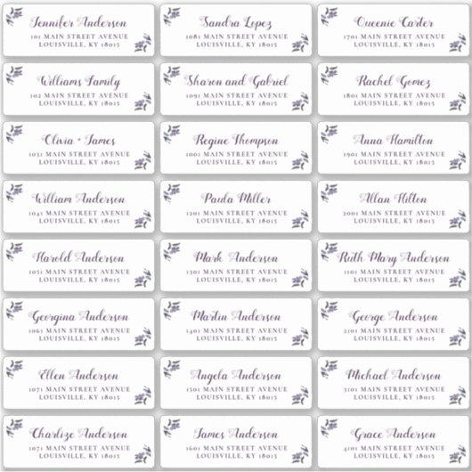 Elegant Script Paarse Bloemen Gast Adresetiketten Sticker (Voorkant)