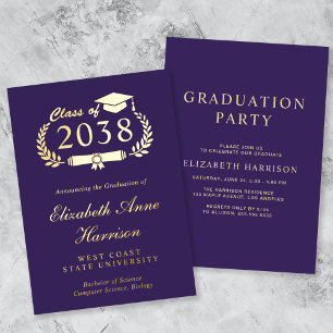 Elegant Script Paarse College Graduation Party Folie Uitnodiging
