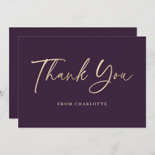 Elegant script Paarse en gouden Bedankkaart (Voorkant / Achterkant)