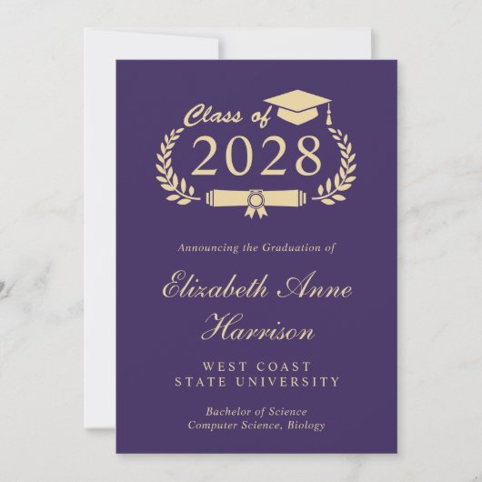 Elegant Script Paarse Gold College Afstuderen Aankondiging (Voorkant)
