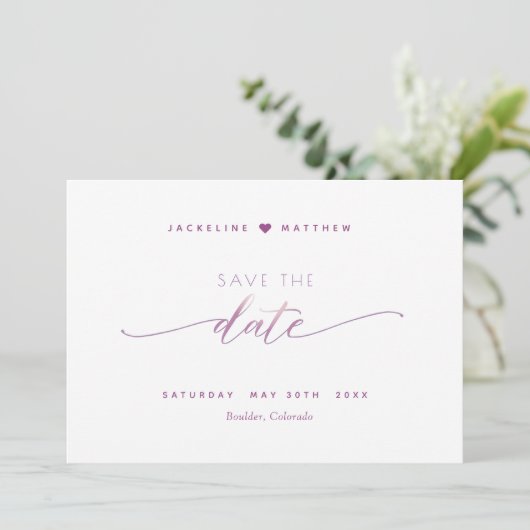 Elegant Script, Paarse Lavendel Eenvoudige Trouwda Save The Date (Staand voorkant)