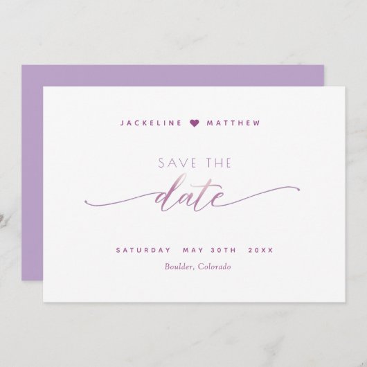 Elegant Script, Paarse Lavendel Eenvoudige Trouwda Save The Date (Voorkant / Achterkant)