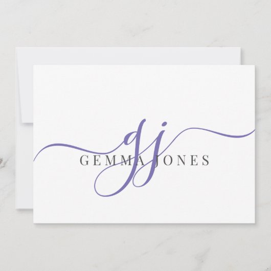 Elegant Script Paarse Monogram Initialen Naam Notitiekaartje (Voorkant)