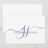 Elegant Script Paarse Monogram Initialen Naam Notitiekaartje (Voorkant / Achterkant)