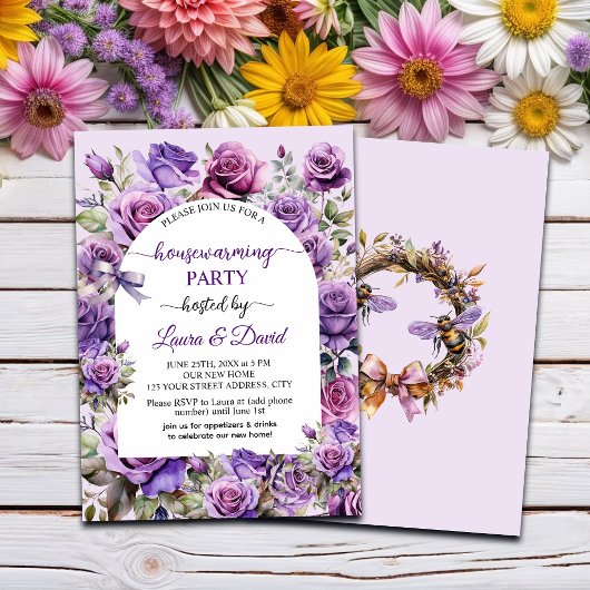 Elegant script Paarse Rozen housewarming party Kaart
