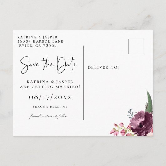 Elegant Script Paarse Waterverf Save the Date Aankondigingskaart (Achterkant)